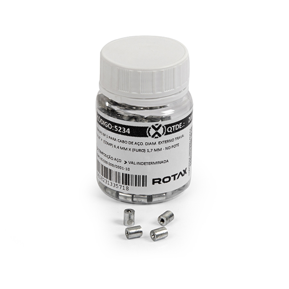 Trava Nº 1 para Cabo de Aço - Diâmetro Externo da Trava: 4,76mm x 6,4mm (comp) x 1,7mm (furo) no Pote